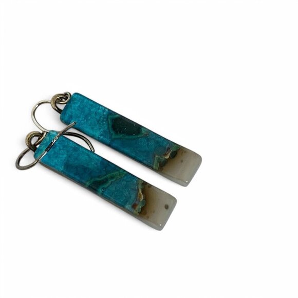 Handcrafted Phoenix Stone Rectangular Drop Earrings Blue Green Silver Hooks - Picture 14 of 14